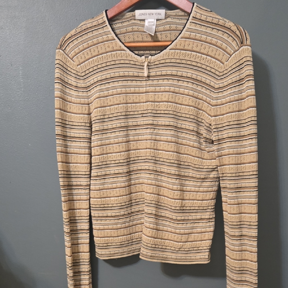Jones New York Beige and Black Striped Cardigan